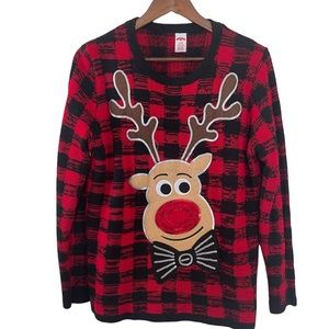 Plaid Christmas Sweater Reindeer Large